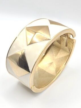 Gold Tone Cream Enamel Geometric Cuff Bracelet Chunky Statement